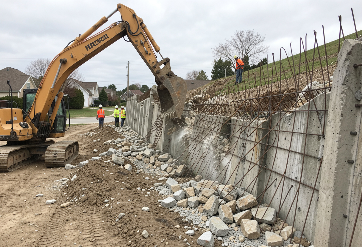 Concrete structure demolition on a residential construction site Concrete structure demolition on a residential construction site