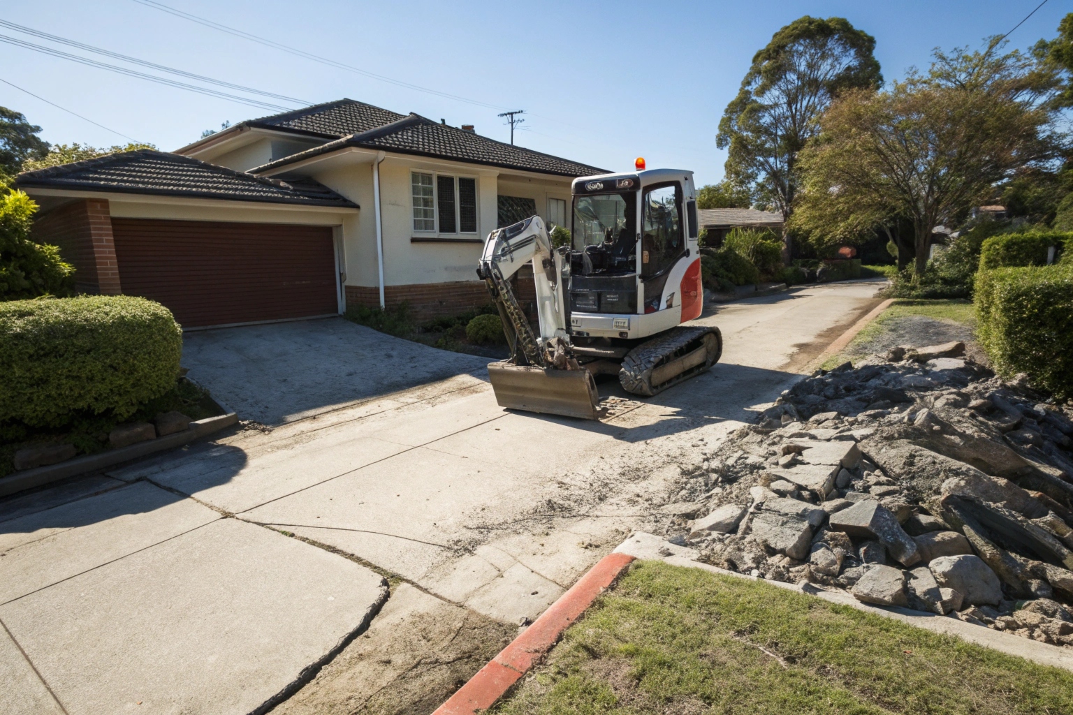Bobcat excavator removing a cracked concrete driveway at a Gold Coast residential property