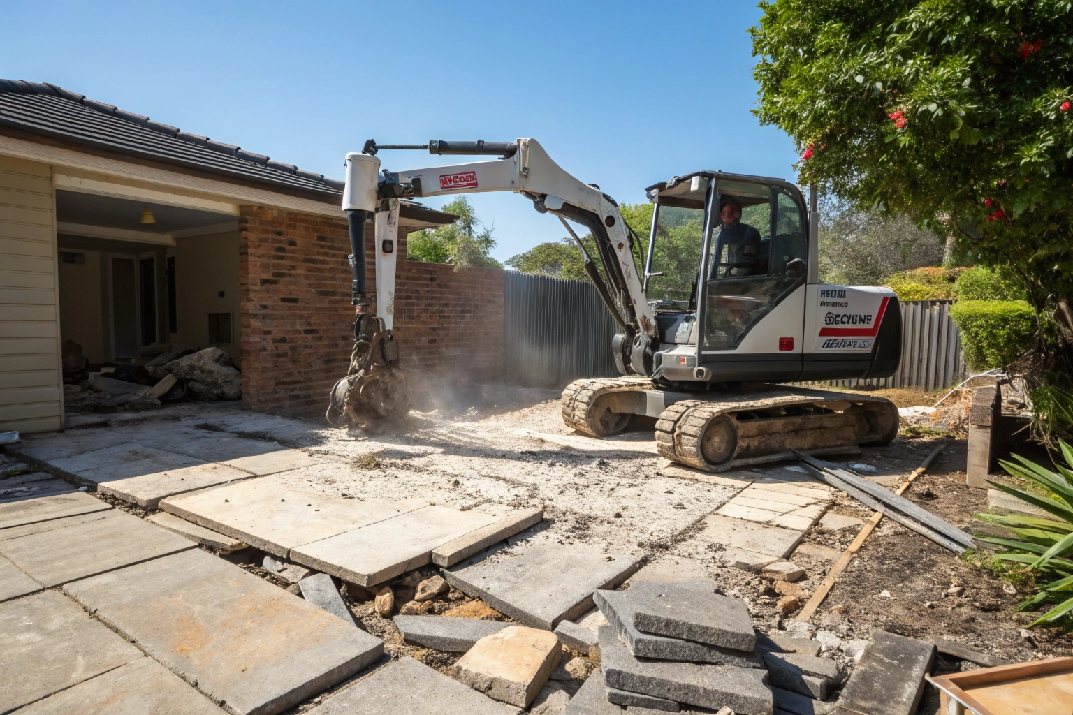 Bobcat excavator removing concrete slab during demolition project on the Gold Coast