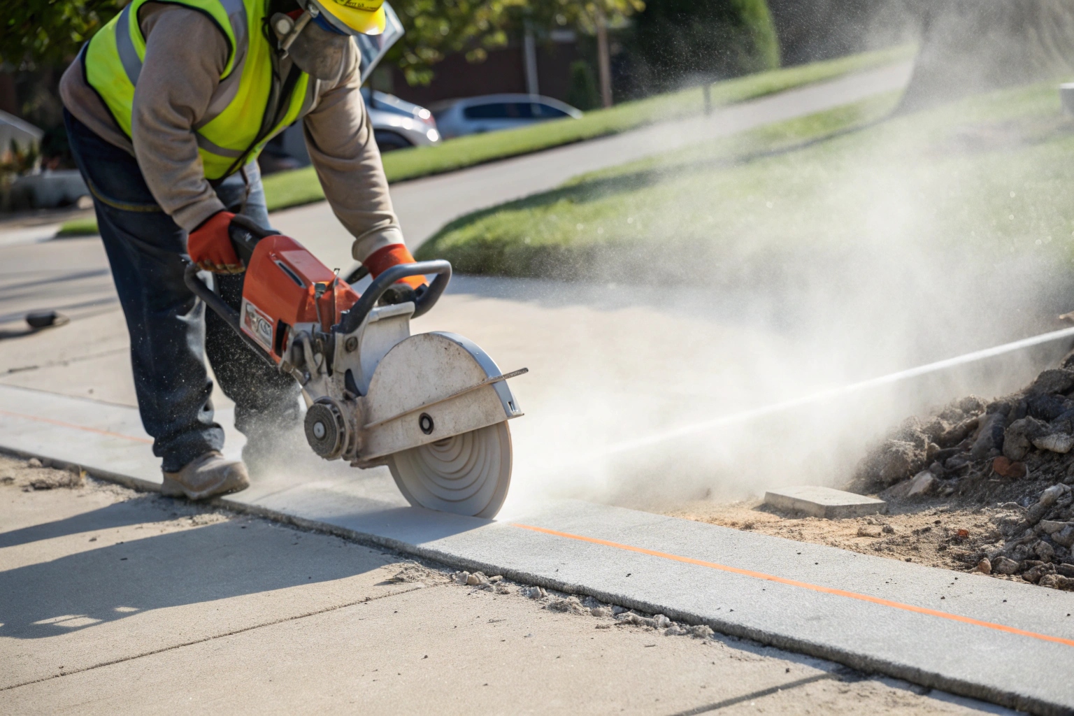 Concrete saw cutting clean lines through driveway for partial concrete removal Gold Coast