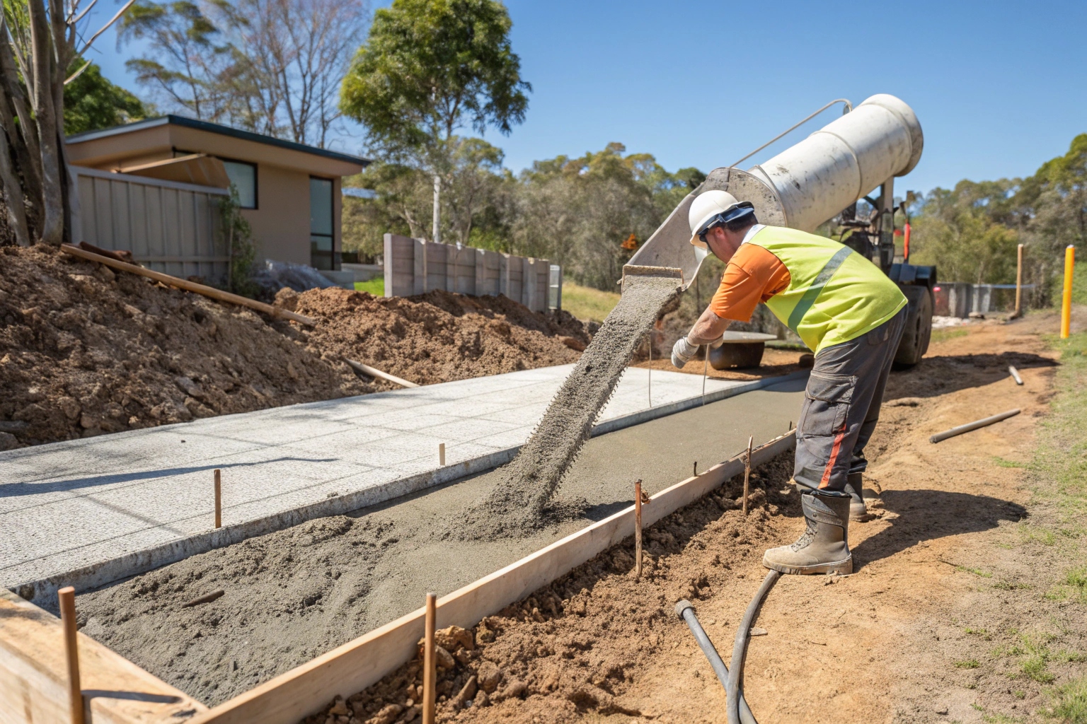 a-concrete-contractor-pouring-wet-concrete-into-a- Concrete contractor pouring strip footings on a Gold Coast residential construction site