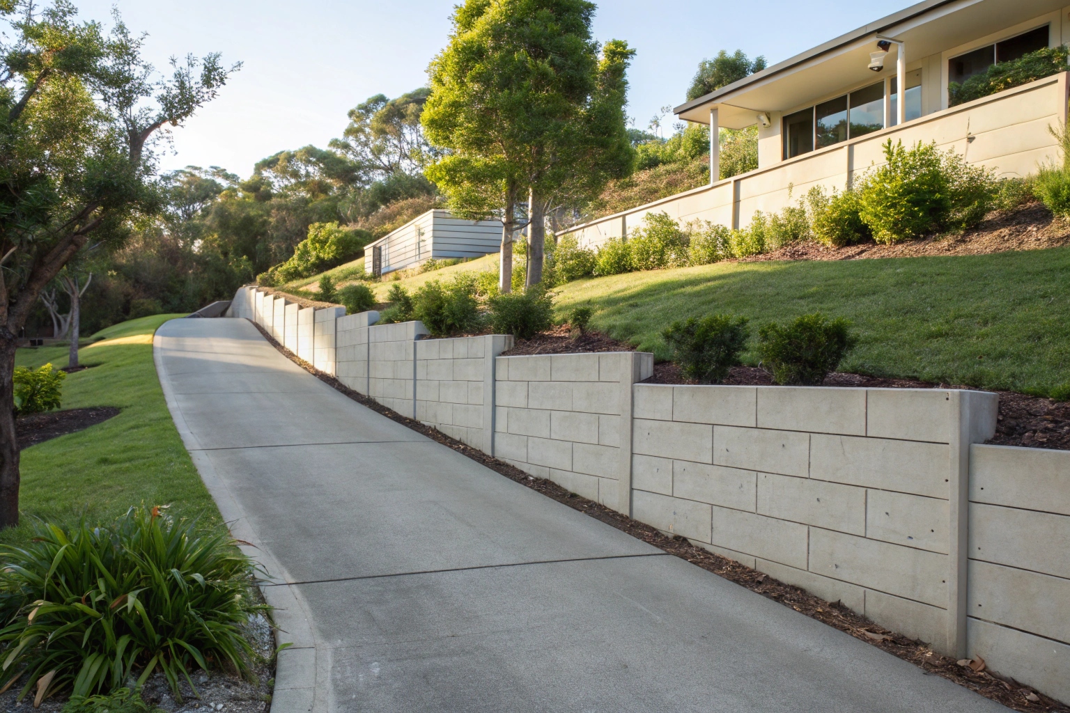 Concrete retaining wall alongside a residential driveway on a Gold Coast sloped block