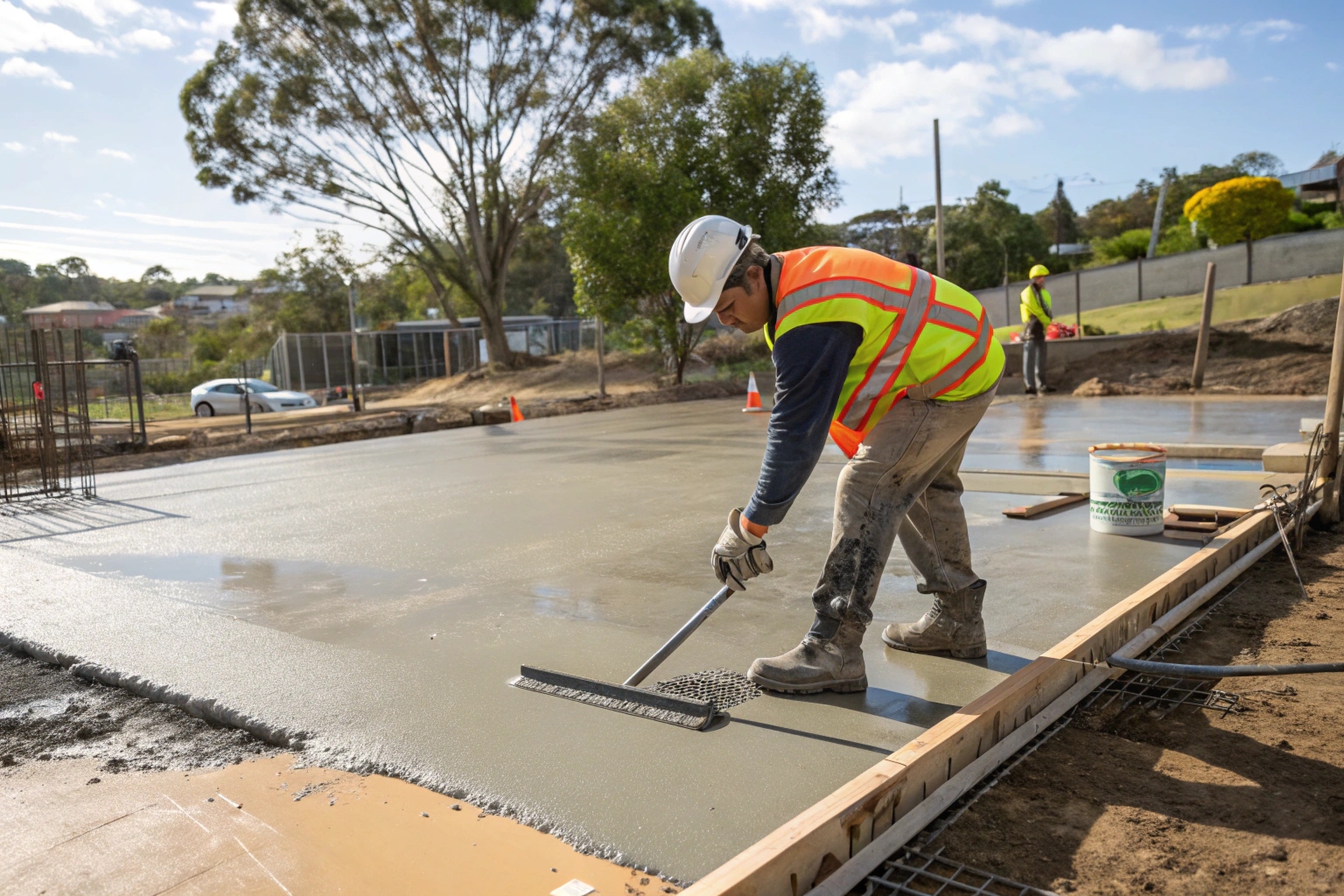 Concreter finishing a residential concrete slab on the Gold Coast
