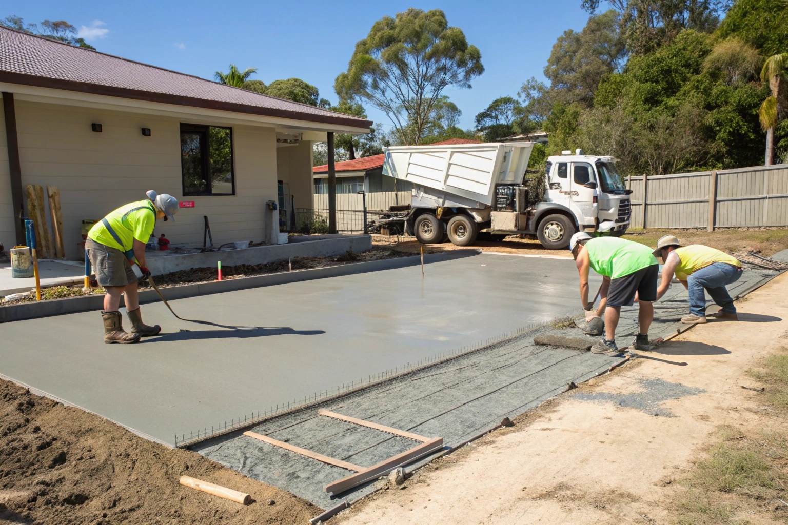 Concrete crew pouring and screeding a garage slab at a Gold Coast home