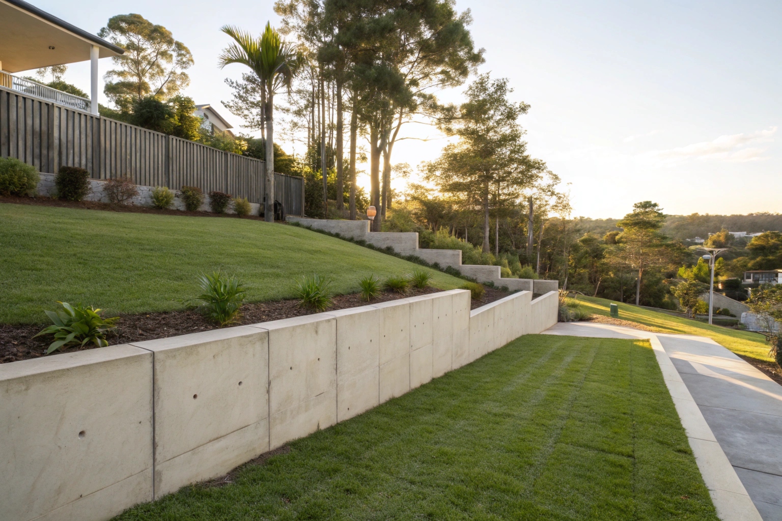 Completed concrete retaining wall on a Gold Coast residential property with terraced lawn area