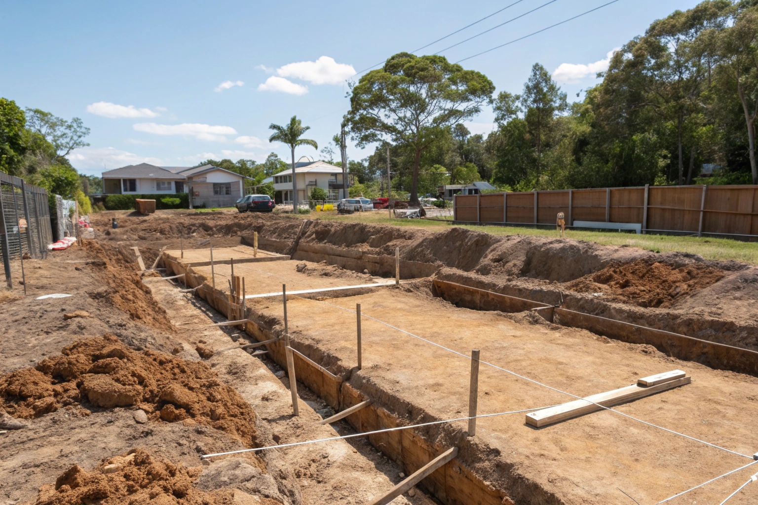 Foundation excavation with footing trenches prepared for concrete slab on Gold Coast building site