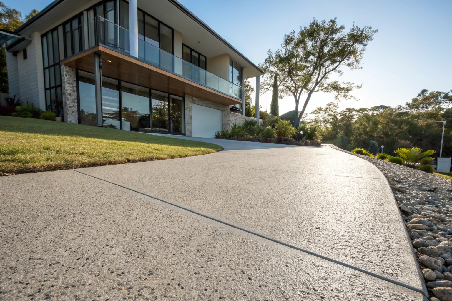Exposed aggregate concrete driveway at a modern Gold Coast home
