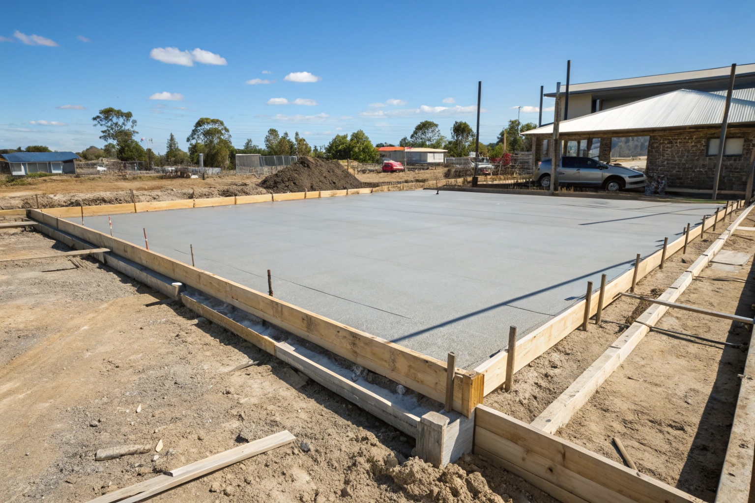 a-freshly-poured-residential-concrete-slab-foundat Freshly poured residential concrete foundation slab on a Gold Coast construction site