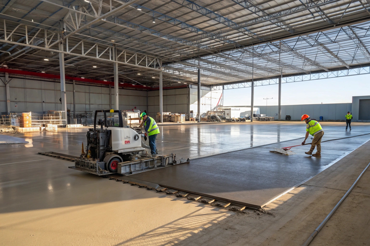 Commercial warehouse concrete floor slab being poured with laser screed on the Gold Coast