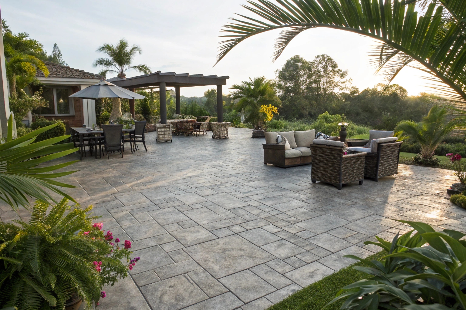 a-large-outdoor-entertaining-area-with-stamped-con Stamped concrete entertaining area with ashlar slate pattern at Queensland home