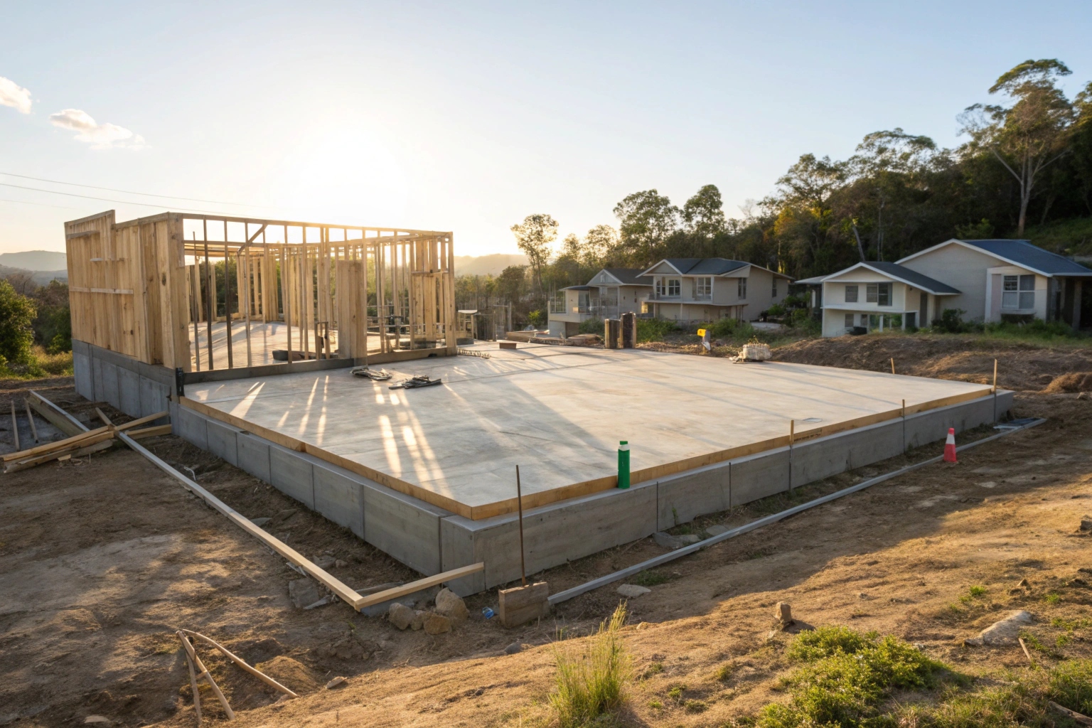 a-new-residential-home-under-construction-on-the-g New home under construction on Gold Coast concrete slab foundation