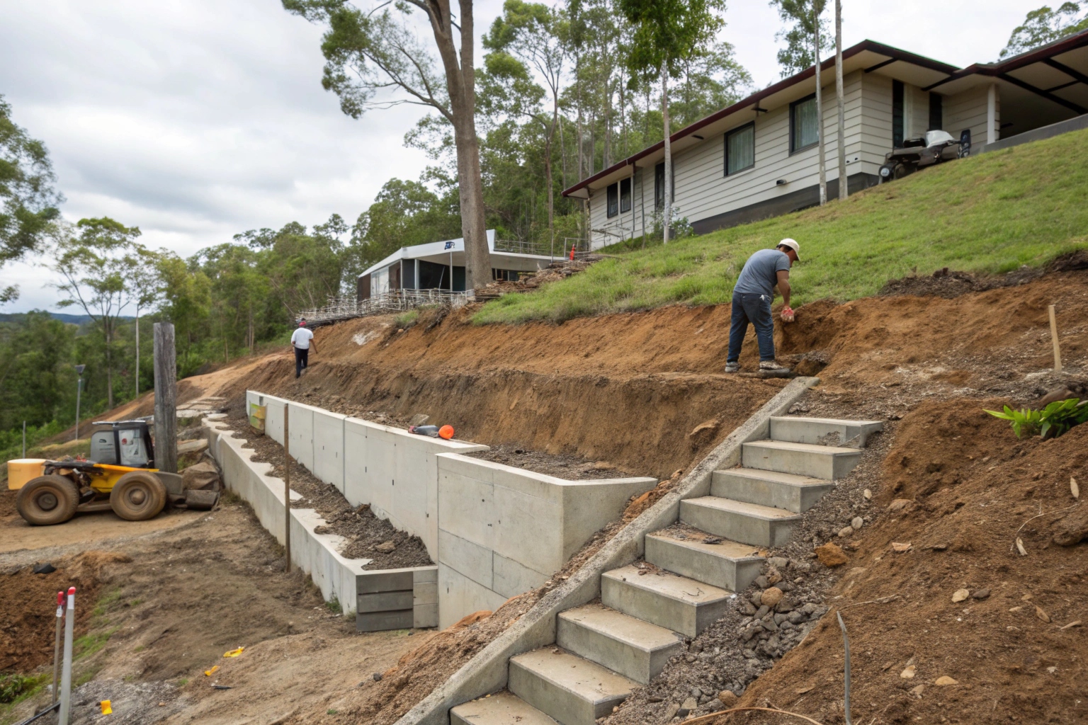 a-stepped-concrete-strip-footing-following-the-slo Stepped strip footings on sloping Gold Coast residential block during construction