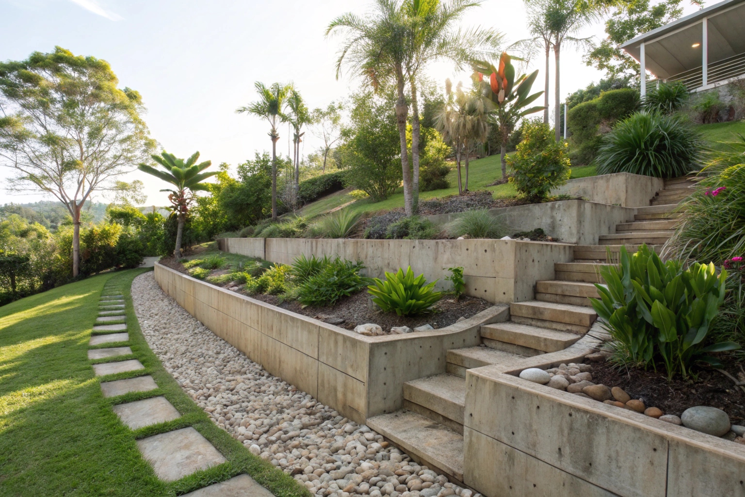 Tiered concrete retaining walls creating usable garden levels on a sloped Gold Coast backyard