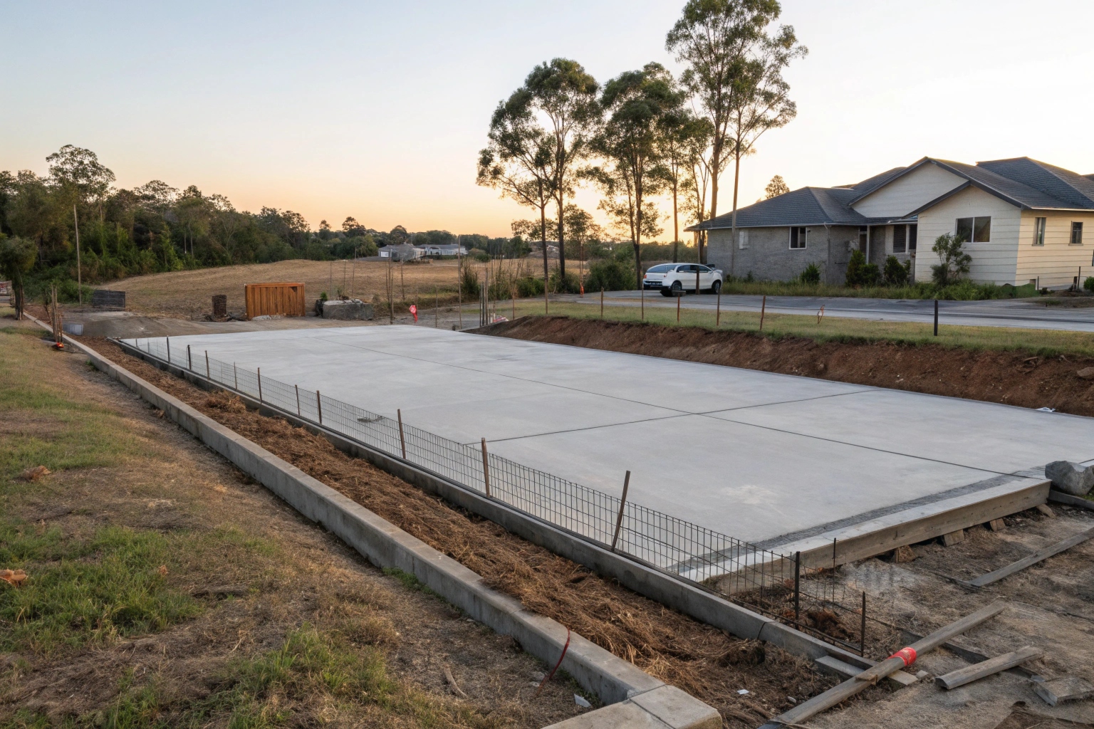 Engineered concrete house slab with steel mesh reinforcement on a new Gold Coast residential lot