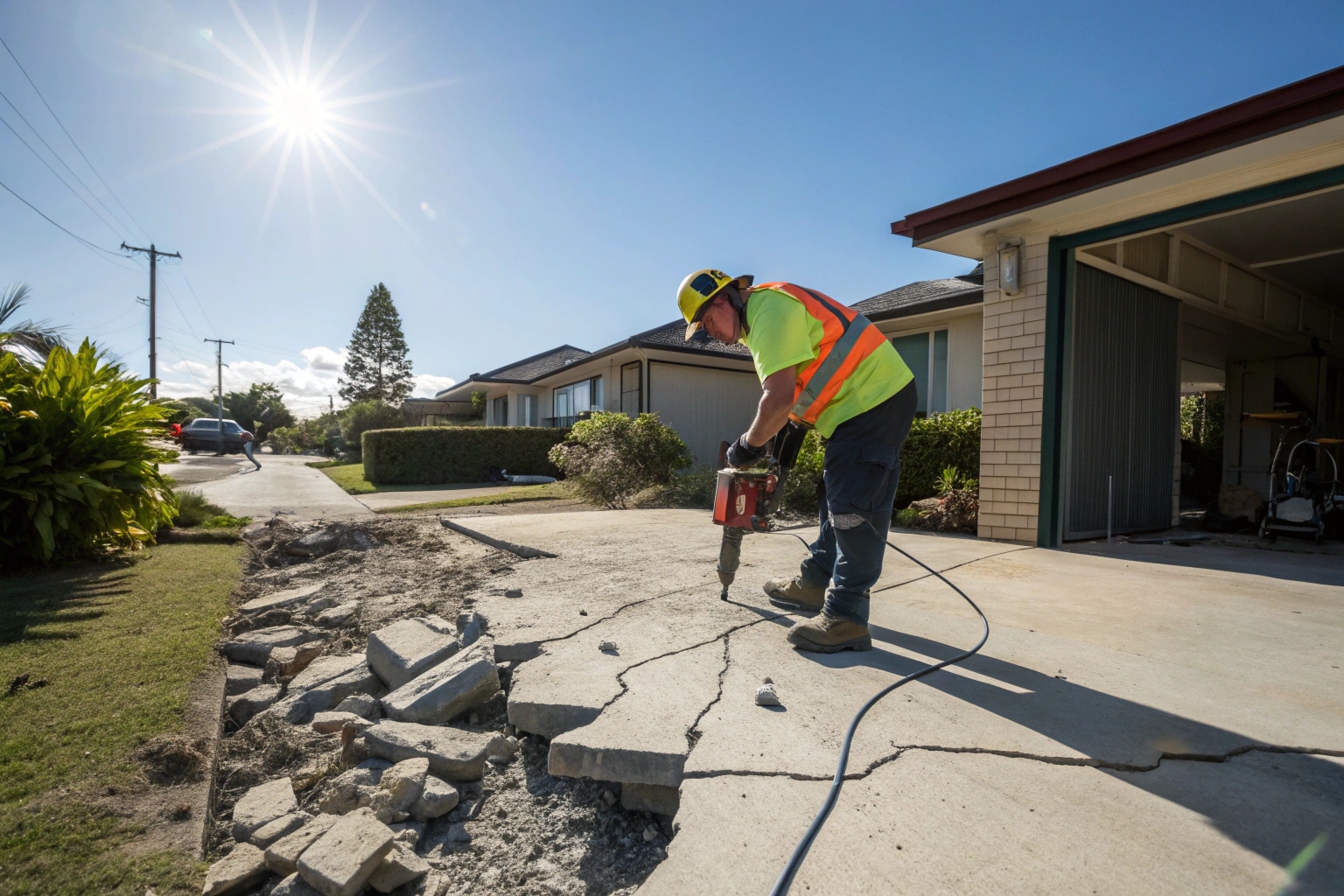 Concrete demolition contractor breaking up old driveway on Gold Coast residential property