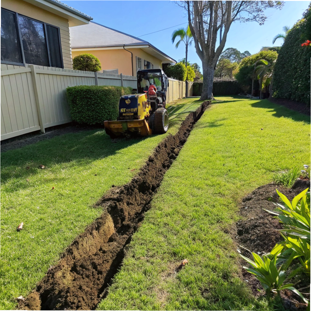 Chain trencher cutting a narrow conduit trench through a residential lawn on the Gold Coast