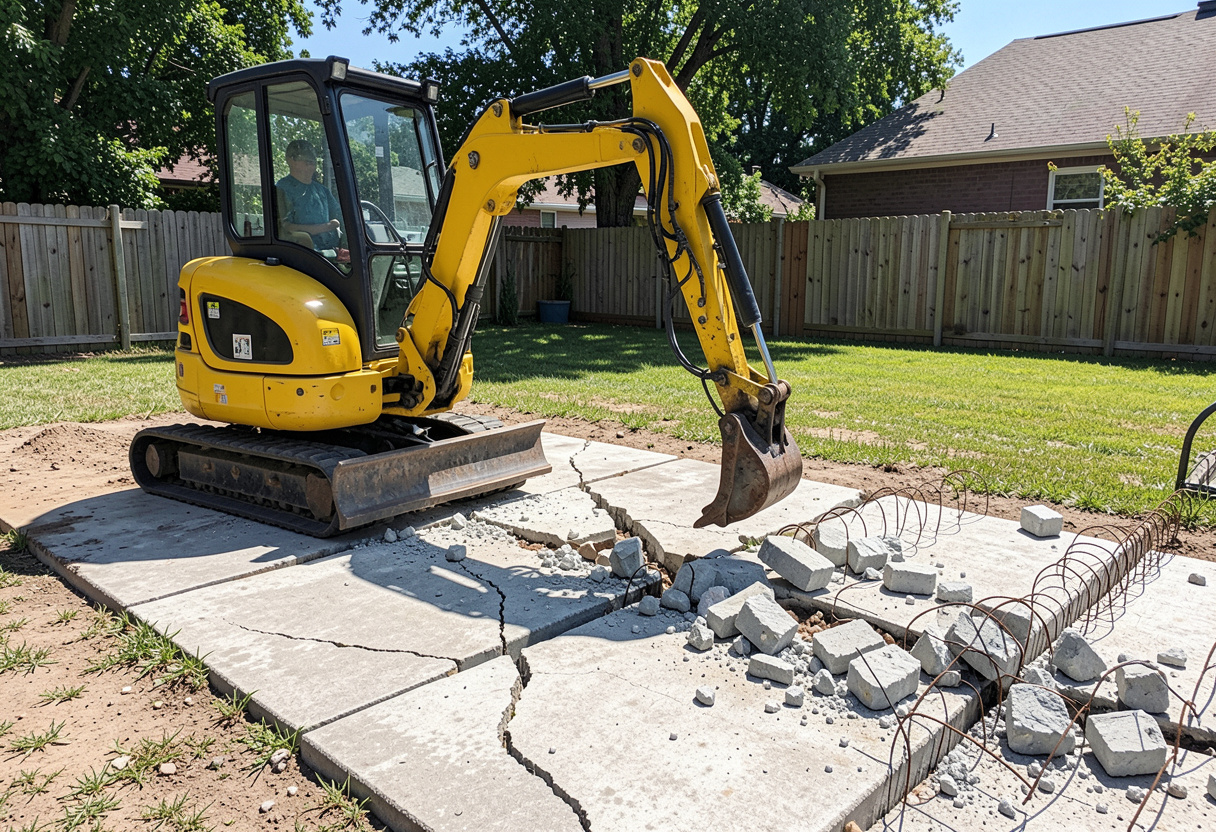 compact excavator with hydraulic breaker attachment actively breaking up a thick reinforced concrete slab