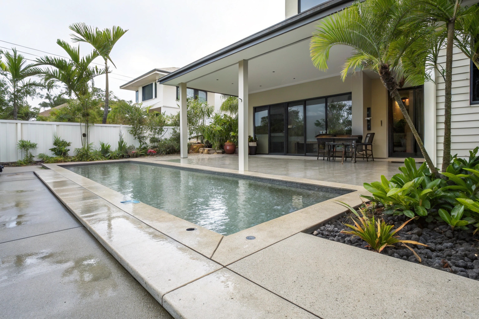 concrete-pool-surround-and-entertaining-area-at-a- Concrete pool surround and outdoor entertaining area at Gold Coast property