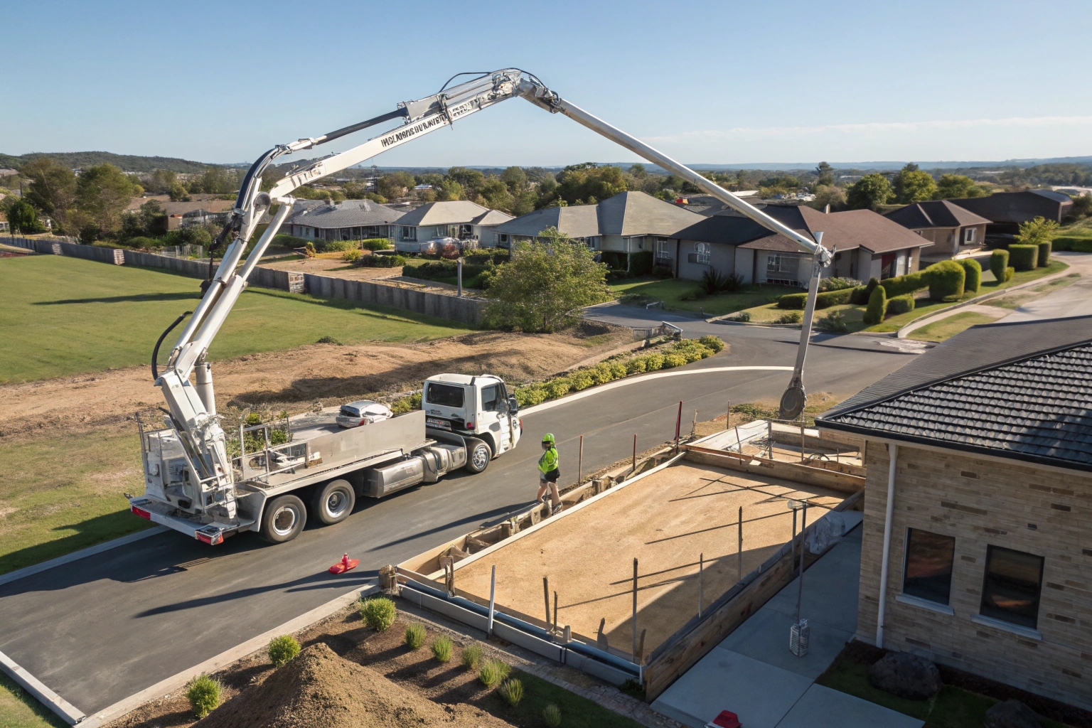 Concrete pump truck pouring a residential house slab on the Gold Coast