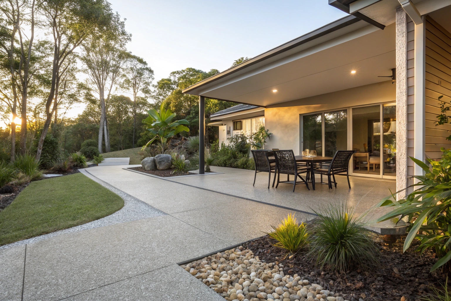Exposed aggregate concrete patio with outdoor dining area in Gold Coast backyard