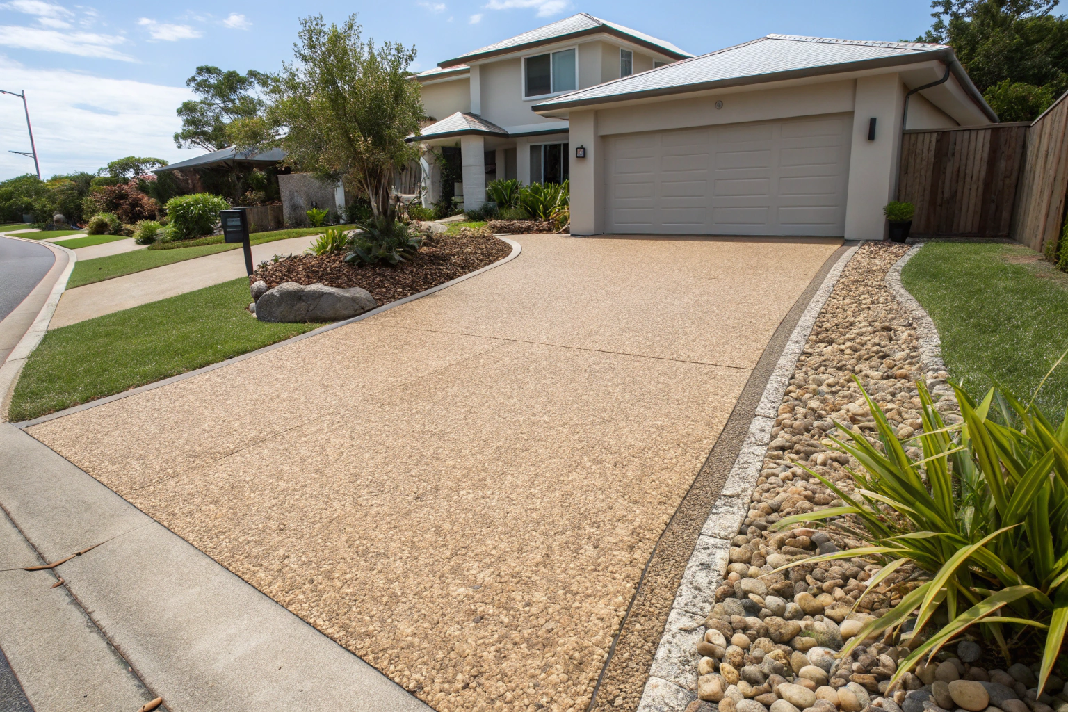 Exposed aggregate concrete driveway at a Gold Coast home