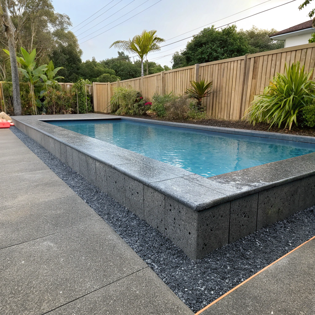 Exposed aggregate concrete pool surround at a Gold Coast property