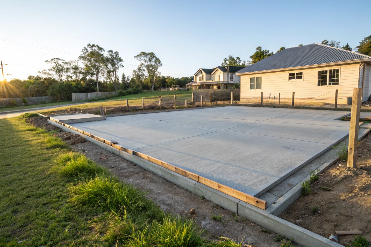 Freshly poured house slab on a Gold Coast residential block ready for framing