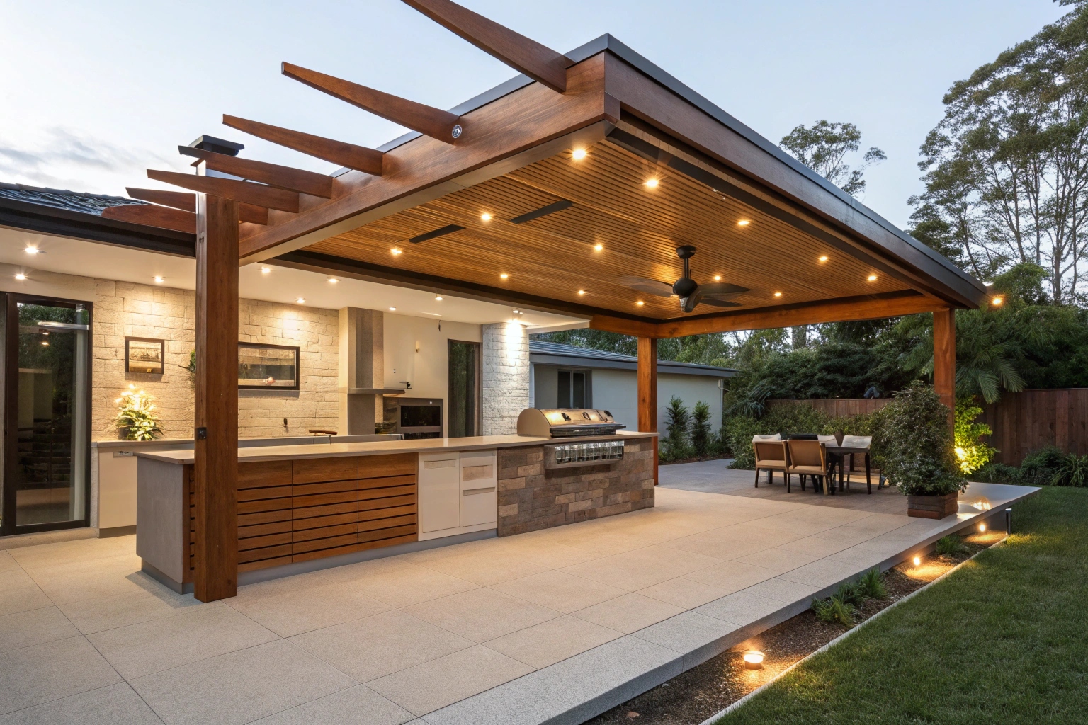 Alfresco concrete slab under pergola with outdoor entertaining area at Queensland home