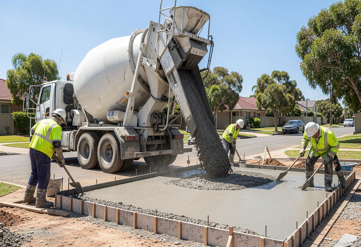 ready mix concrete truck with rotating drum parked on a residential site
