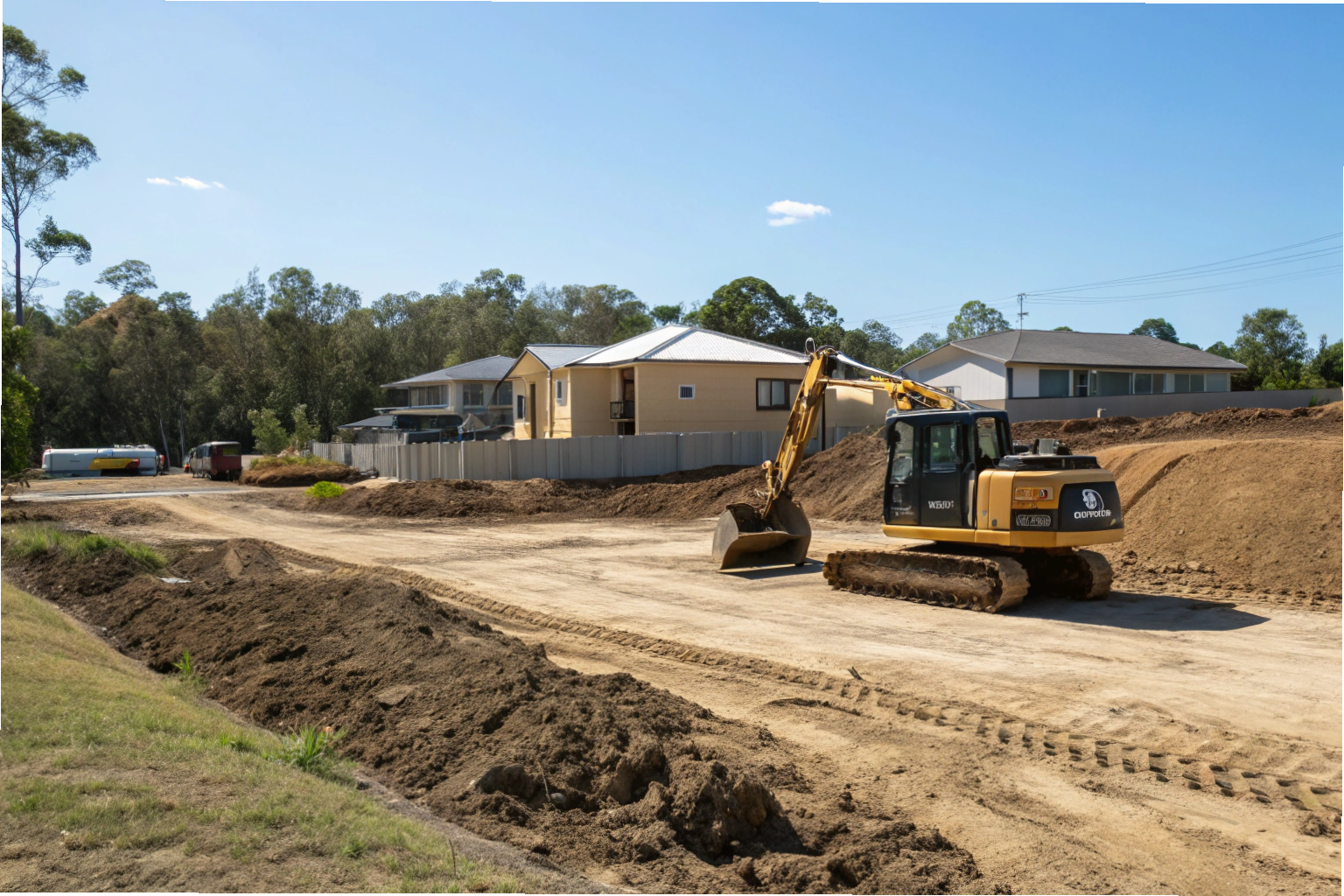 Excavator grading and levelling a residential construction site on the Gold Coast