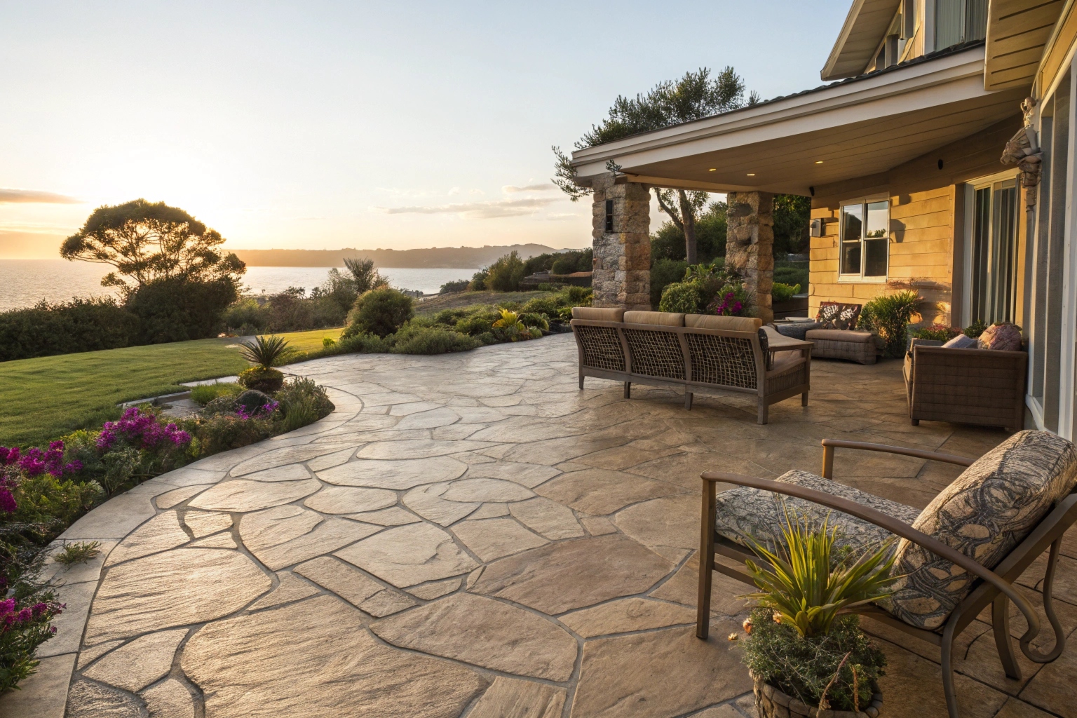 stamped-concrete-patio-in-a-large-backyard-of-an-a Stamped concrete patio with natural stone pattern at luxury Gold Coast home