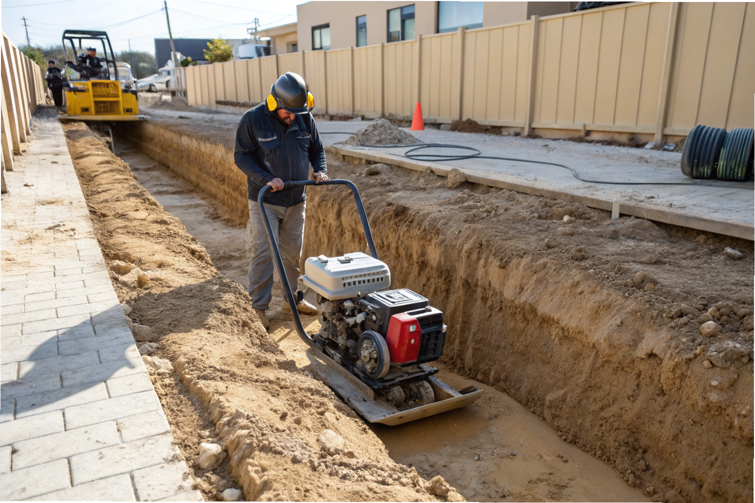 Trench backfill compaction on a Gold Coast construction site