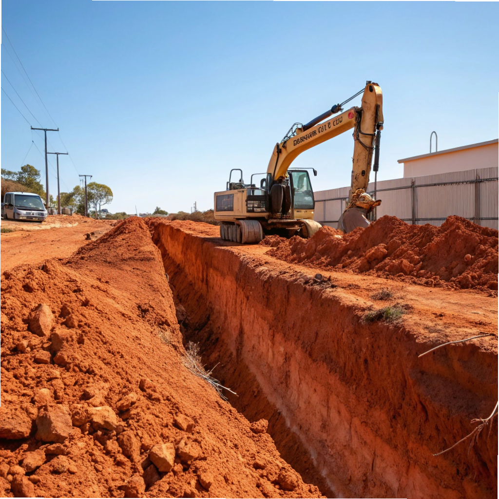 Excavator digging a service trench on a Gold Coast residential construction site