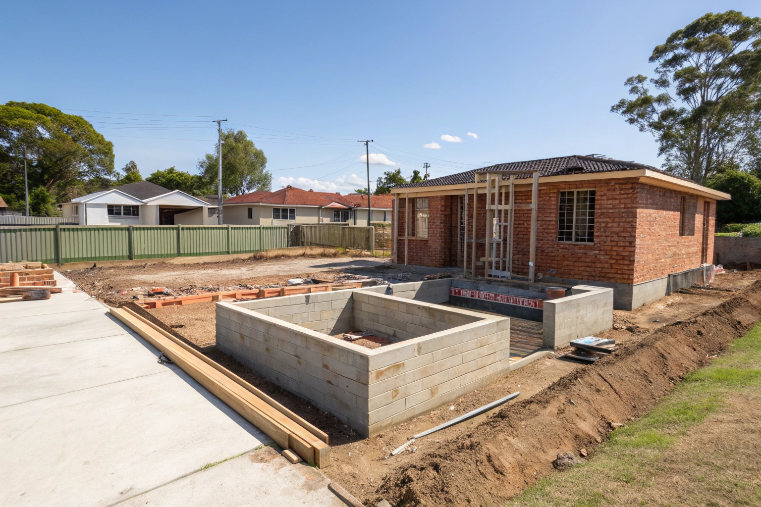 wide-shot-of-a-home-extension-under-construction-i Home extension under construction on Gold Coast showing strip footings and early brickwork
