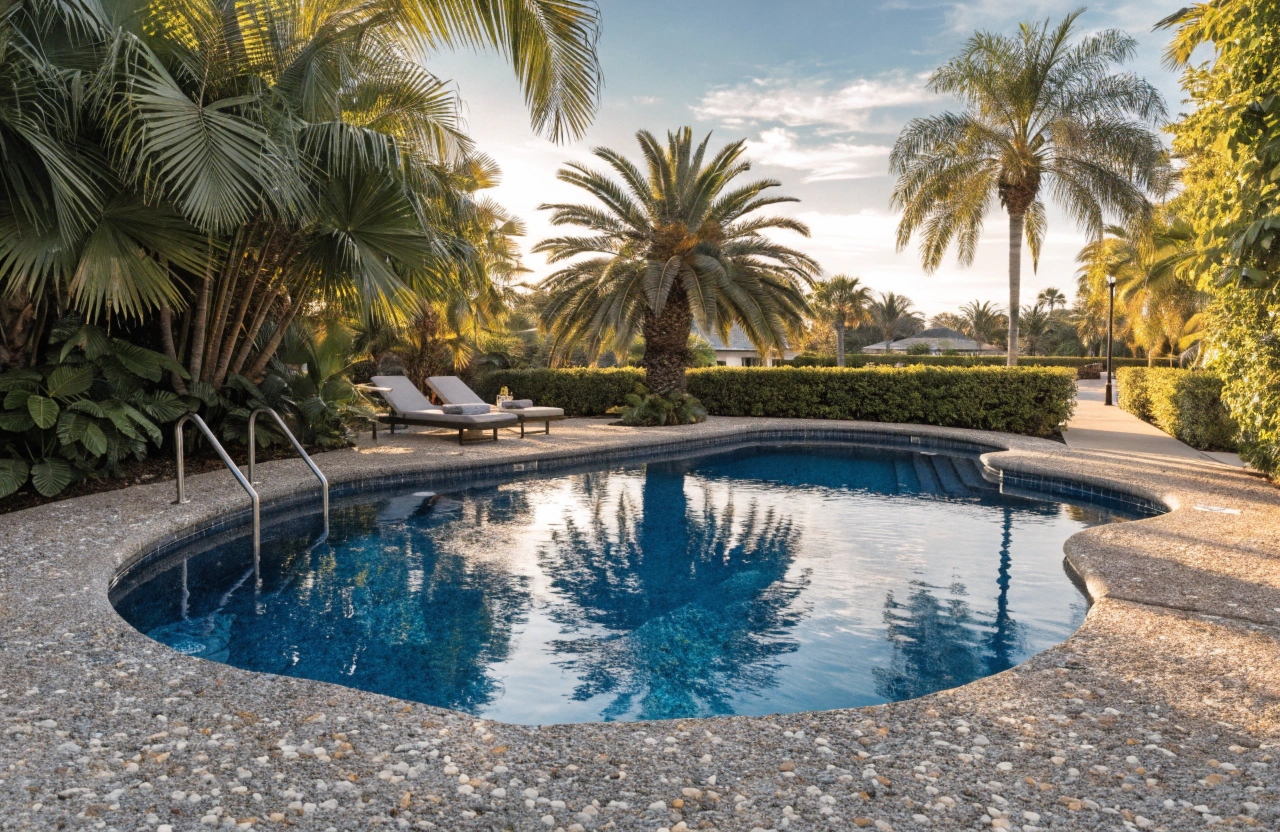 Resort-style exposed aggregate concrete pool surround and coping at a luxury Sanctuary Cove Gold Coast estate by Concrete Gold Coast Specialist