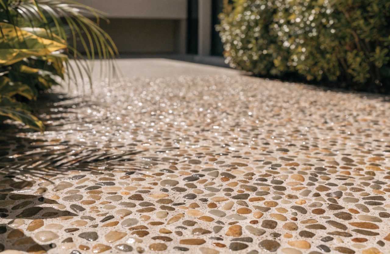 Premium exposed aggregate concrete patio surface at a Gold Coast residential property by Concrete Gold Coast Specialist
