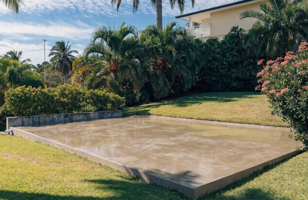 Freshly poured reinforced concrete slab for an outdoor entertaining area at a Gold Coast property by Concrete Gold Coast Specialist