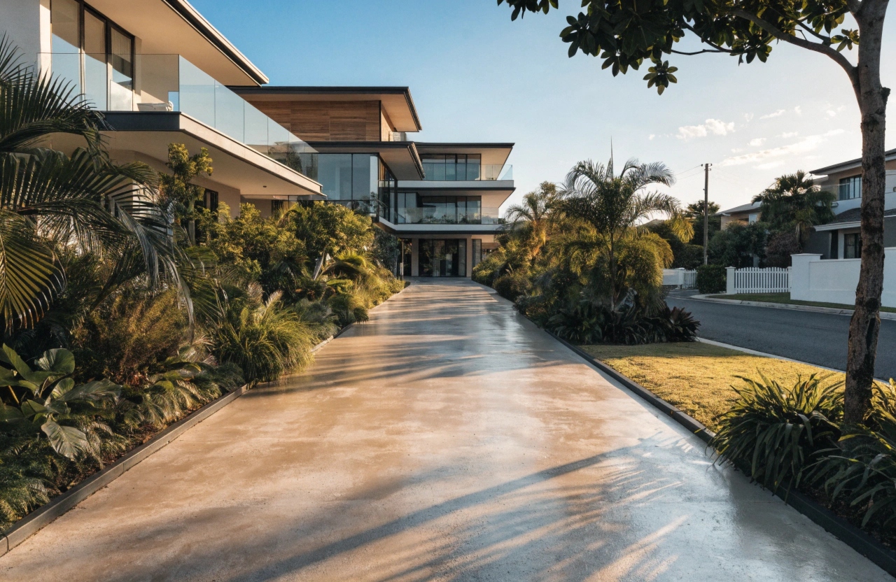 Freshly resurfaced concrete driveway at a modern Gold Coast home by Concrete Gold Coast Specialist