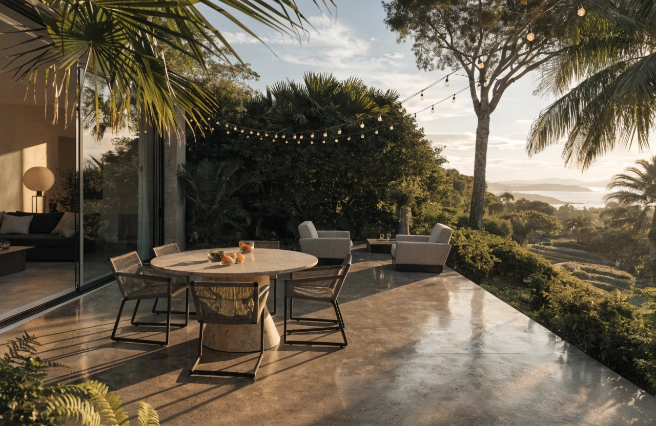 Large format concrete entertaining patio with seamless indoor-outdoor flow at a Paradise Point Gold Coast home by Concrete Gold Coast Specialist