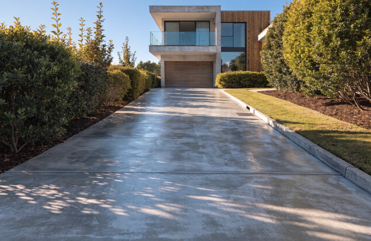 Freshly resurfaced premium concrete driveway at a modern Robina Gold Coast home by Concrete Gold Coast Specialist