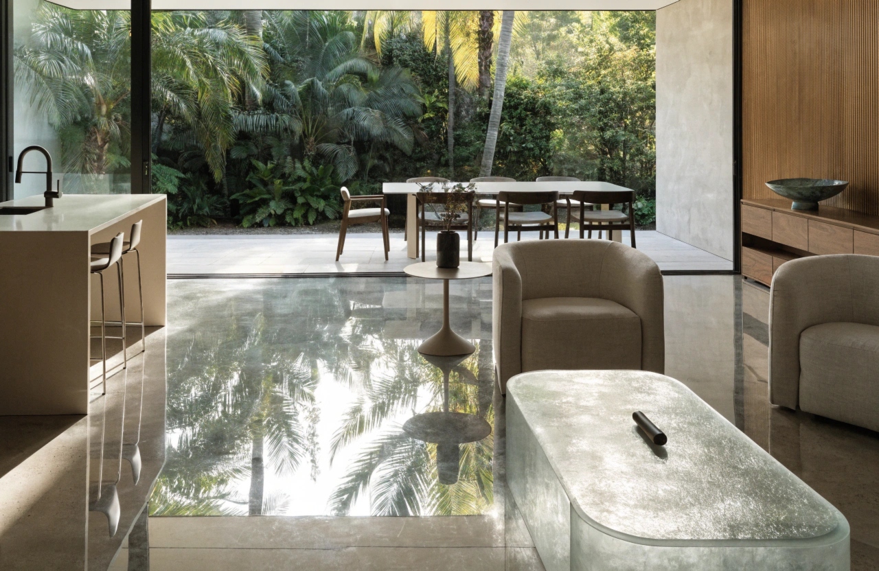 High-gloss polished concrete floor in a modern alfresco living area at a Gold Coast home by Concrete Gold Coast Specialist
