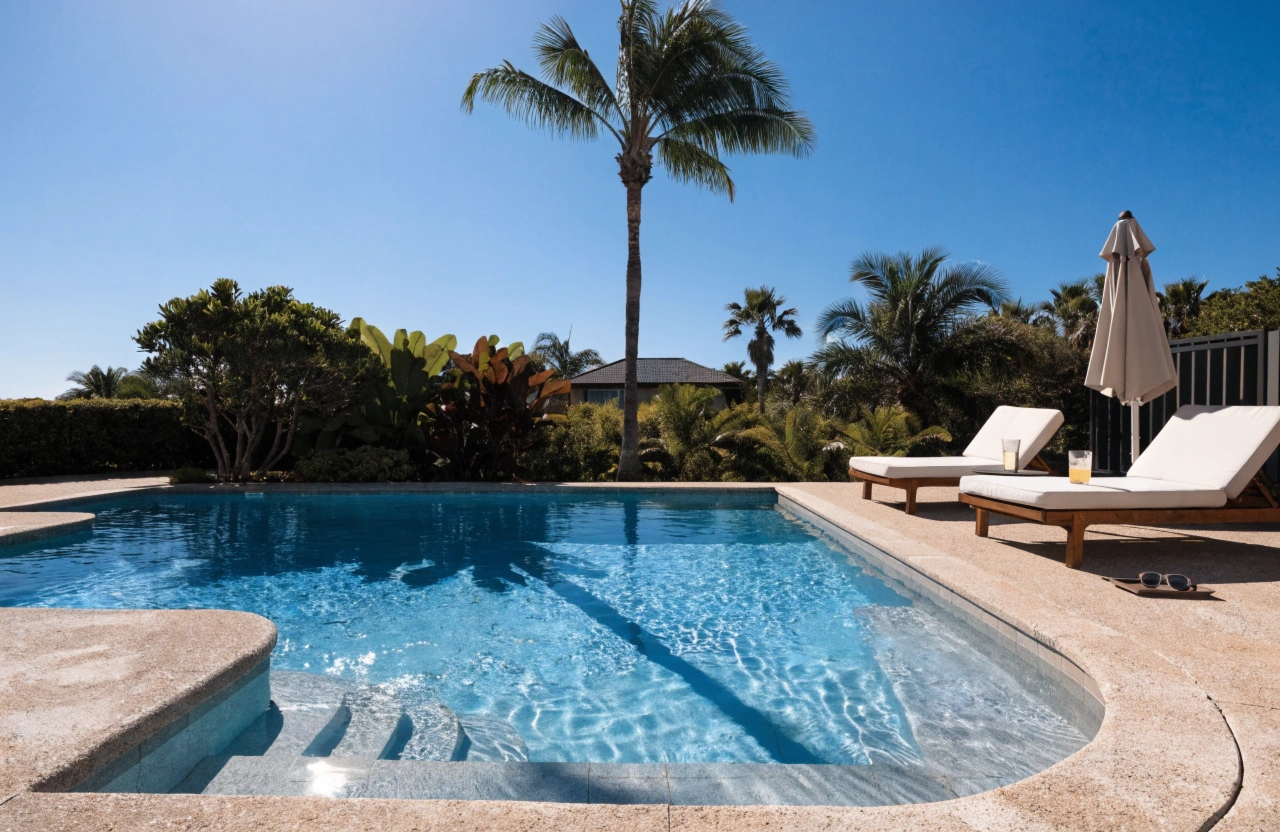 Luxury exposed aggregate concrete pool surround and coping at a Gold Coast home by Concrete Gold Coast Specialist