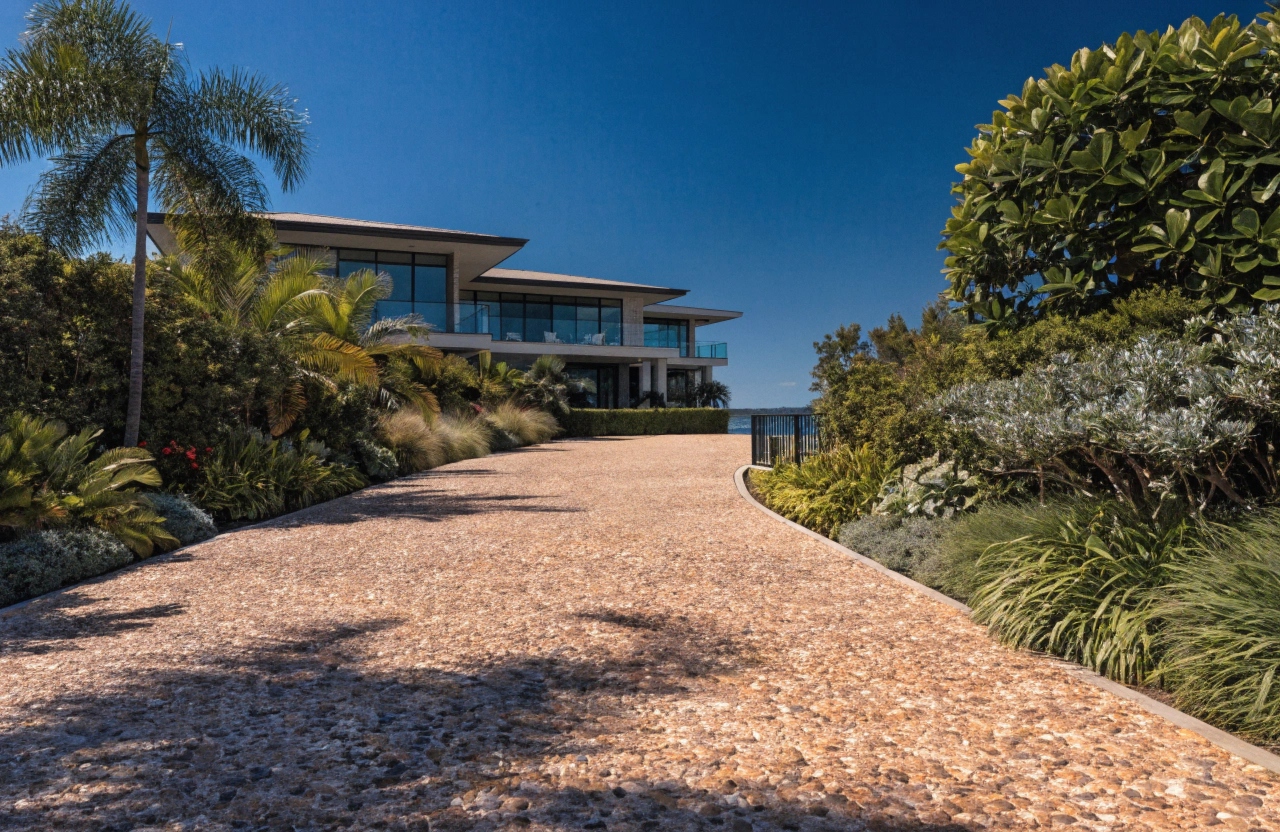 Premium exposed aggregate concrete driveway at a luxury Hope Island Gold Coast home by Concrete Gold Coast Specialist