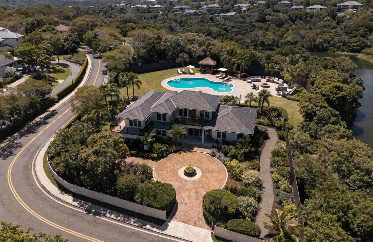 a-wide-aerial-view-of-a-beautifully-finished-luxur Complete premium concrete transformation including driveway pool surround and entertaining patio at a luxury Gold Coast home by Concrete Gold Coast Specialist