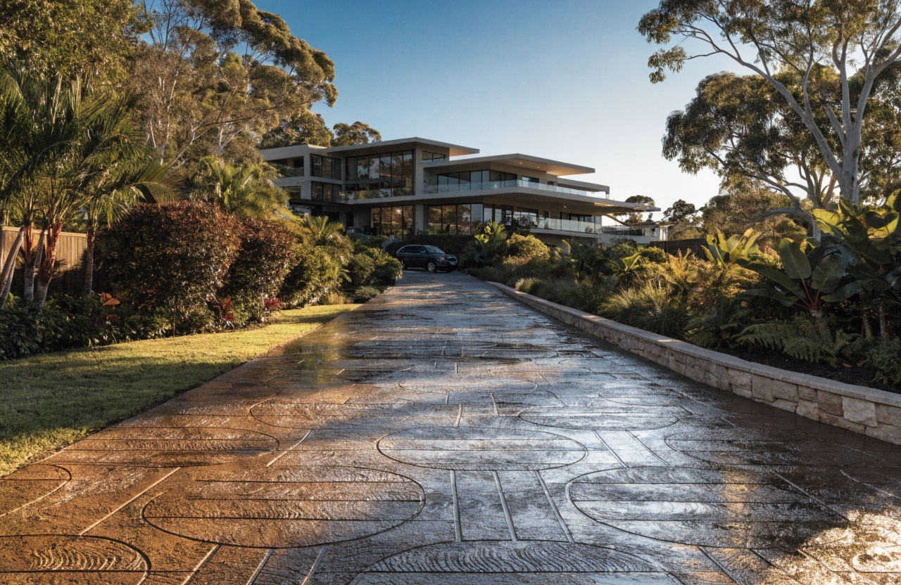 Decorative stamped concrete driveway at a modern Gold Coast home by Concrete Gold Coast Specialist