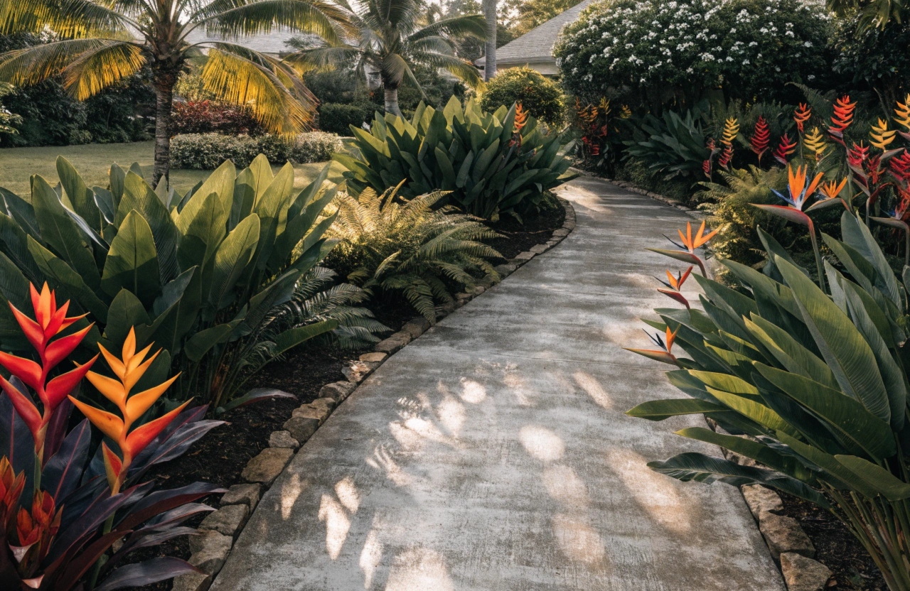 Concrete garden path and walkway through landscaped Elanora home