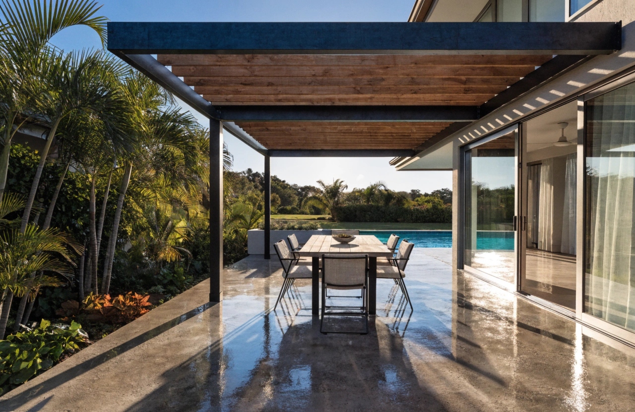 Decorative concrete entertaining slab at a Gold Coast coastal property