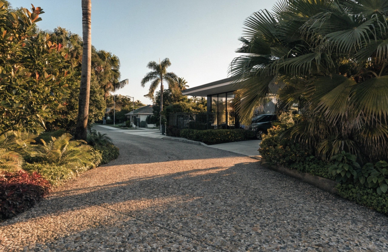 Exposed aggregate concrete driveway at a residential property in Burleigh Waters Gold Coast
