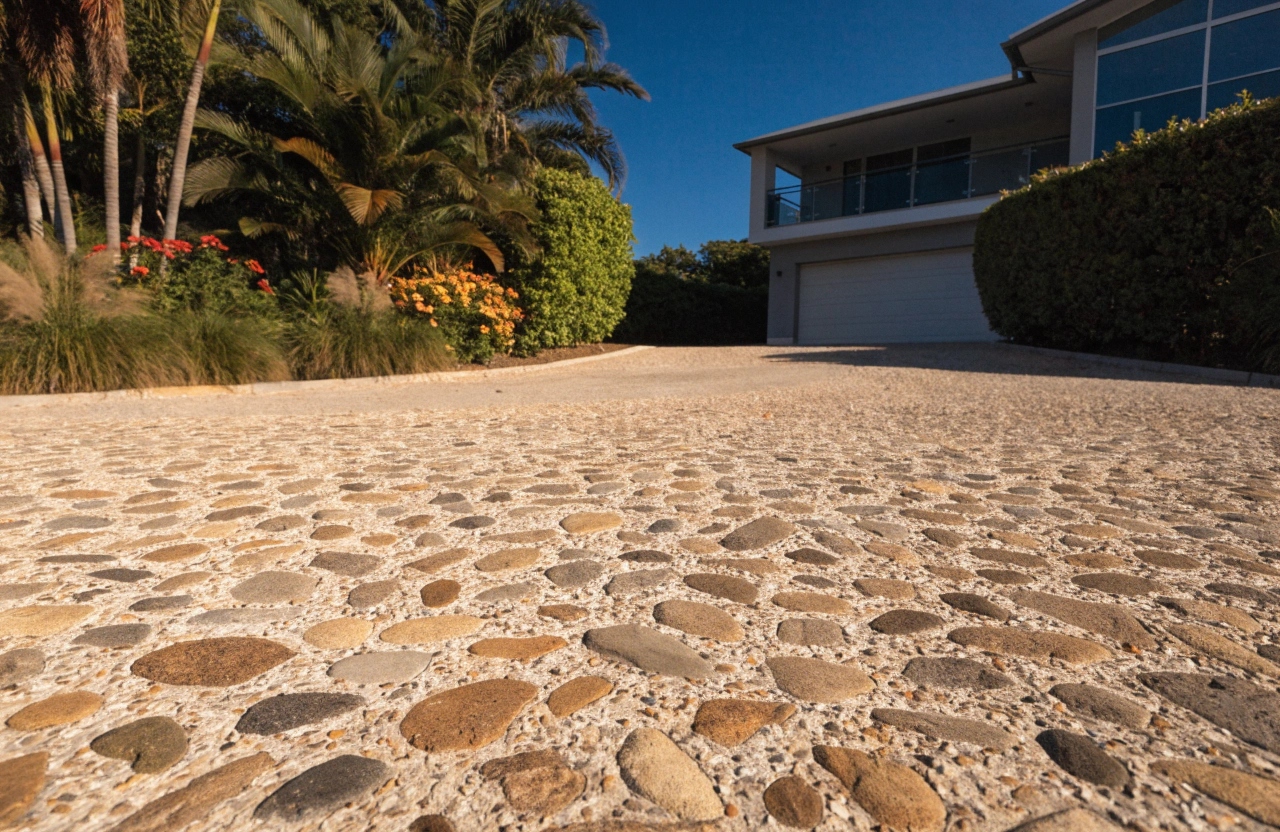 Exposed aggregate driveway at a modern Palm Beach Gold Coast home