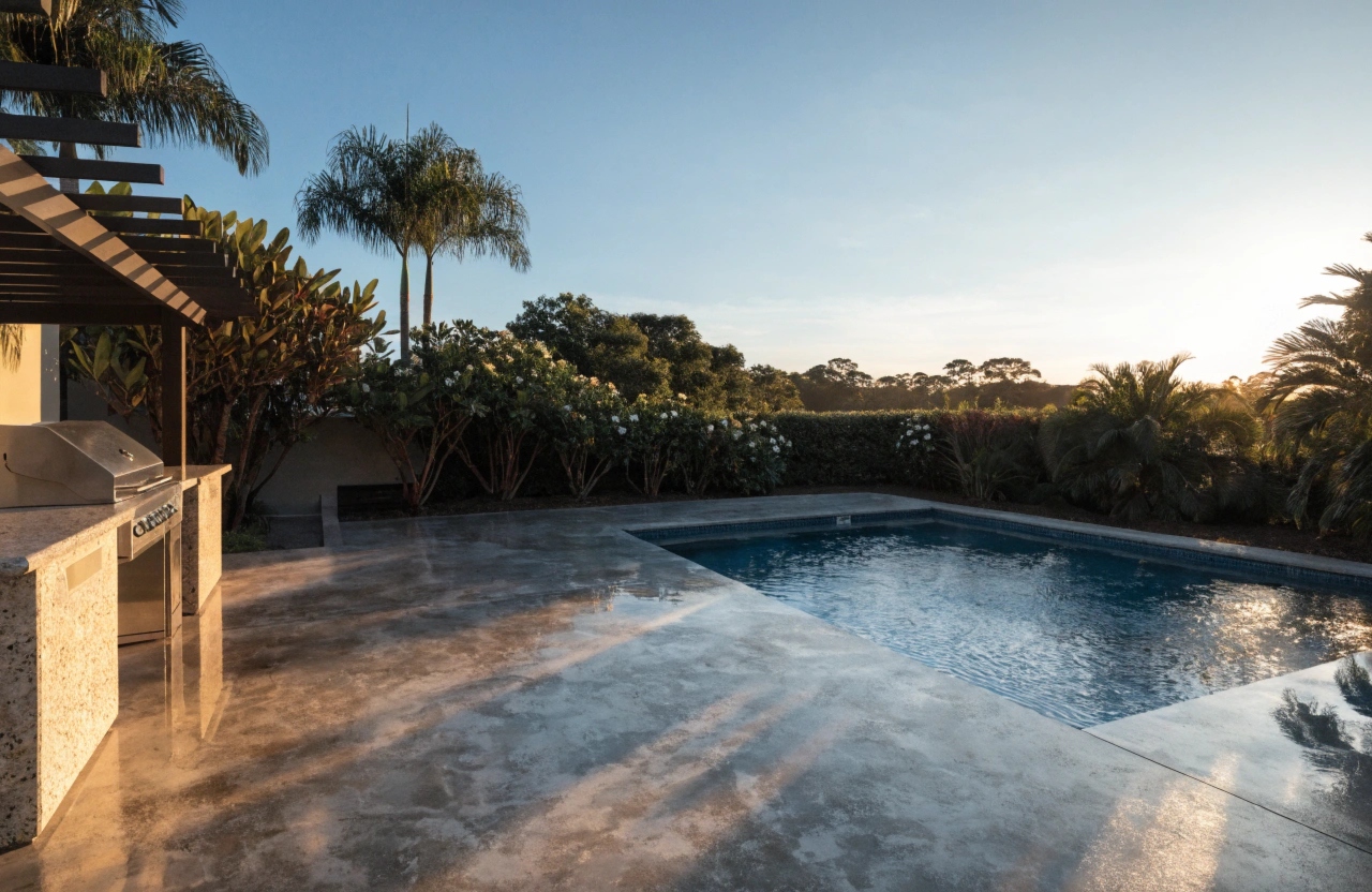 Concrete outdoor entertaining area and pool surround at a Burleigh Waters home